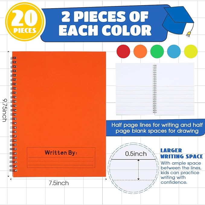 Henoyso 20 Pcs 100/50 Sheets Primary Composition Notebook K-2 Bulk Spiral Primary Journal Drawing Handwriting Practice for Kids Kindergarten 1st 2nd Back to School Supplies (Bright Color,50 Sheets)