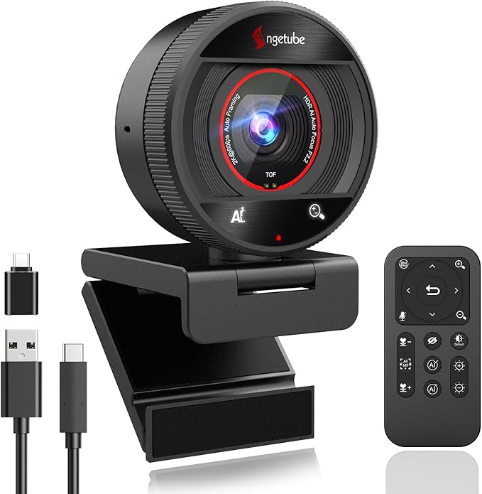 Angetube AI Webcam for PC - 1080p/2K@60FPS HD Web Camera with Remote Control, 8X Digital Zoom Webcam, Privacy Cover, TOF Auto Focus, HDR, USB 3.0 Web Cam Work with Zoom, Skype,Teams, Windows,Mac