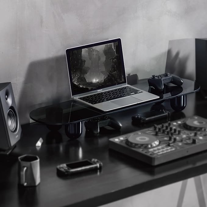 Fenge Monitor Stand Riser, 34 Inch Dual Monitor Riser for Large Monitors, Desk Organizer with Glass Shelf & Solid Wood Legs, Computer Stand for Laptop, TV, PC, Printer, Black