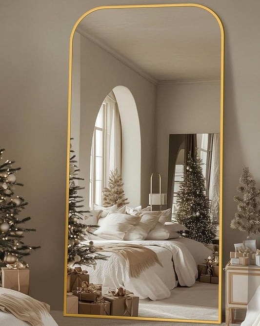 Antok Full Length Mirror, 78"x38" Floor Mirror Freestanding, Arched Floor Standing Large Full Body Mirror with Stand for Bedroom, Hanging Mounted for Living Room, Gold