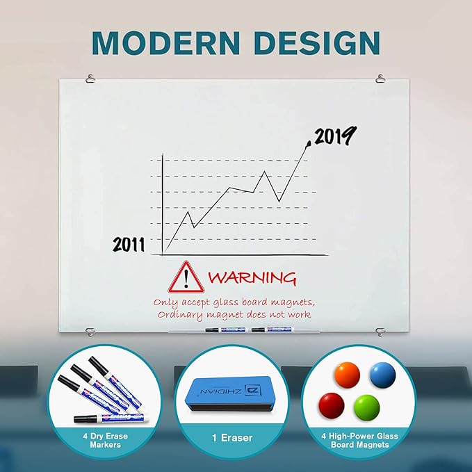 2-in-1 Magnetic Glass White Board 60'' x 48'' Extra Large Splicing Tempered Glass Whiteboard, 4' x 5' Frameless Big Glass Dry Erase White Board for Wall, Office, Home