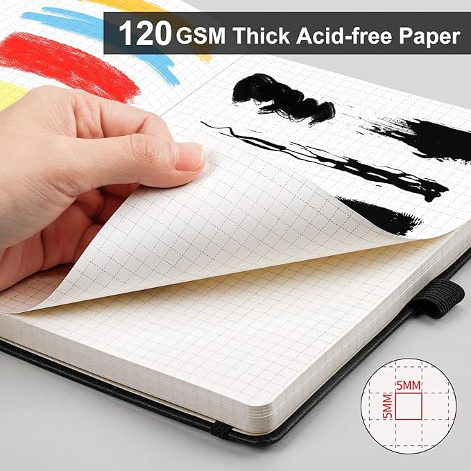 AHGXG Graph Paper Notebook - Grid Notebook Journal A5, 120 GSM Thick Graph Paper, 160 Pages, Leather Hardcover, for Graphing, Writing, Math, Engineering, 5.75'' × 8.38''- Black