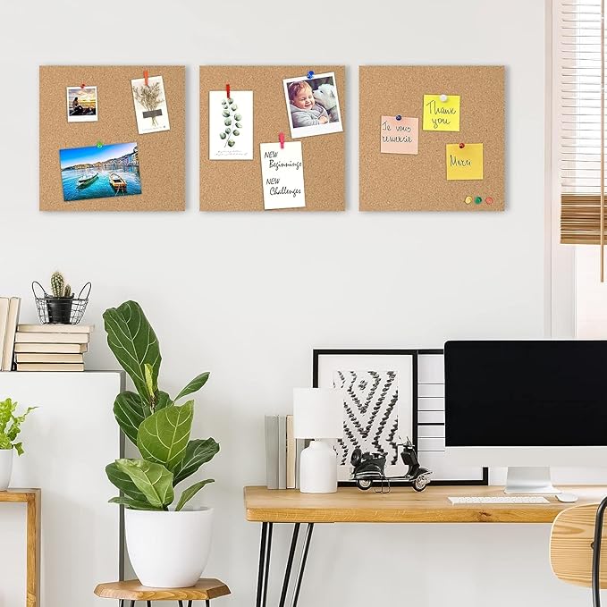 AKTOP Cork Board Bulletin Board 12x12, 1/2" Thick Cork Board Tiles 9 Pack, Small Square Pin Board for Wall, Self Adhesive Corkboards with 120 Push Pin Wood Clips for School, Home & Office