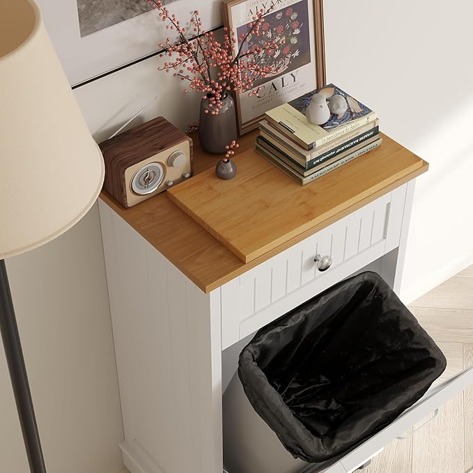 10 Gallon Tilt Out Trash Cabinet, Wooden Kitchen Trash Can Cabinet with Hideaway Drawer, Freestanding Laundry Hamper Garbage Recycling Cabinet on Wheels, Pet Proof, Single, White