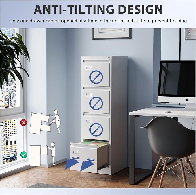 4 Drawer File Cabinet, Filing Cabinets for Home Office, Metal Vertical File Storage Cabinet with Lock, Locking File Cabinet for A4 Legal/Letter, 15" W x 17.7" D x 50.1" H, Assembly Required