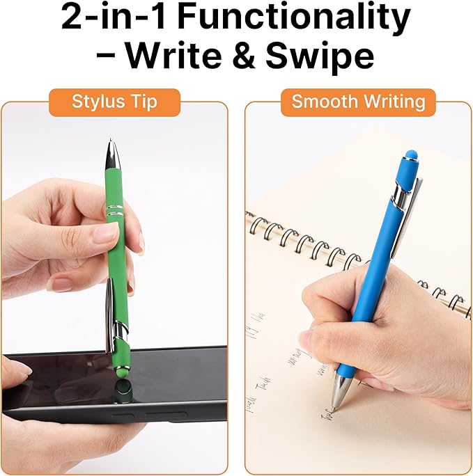 Custom Pens Personalized in Bulk – Engraved with Name, Text on Both Sides – Multiple Colors – Black Ink Ballpoint Pens with Stylus – Great for Business, Events, Parties, Marketing, Gifts