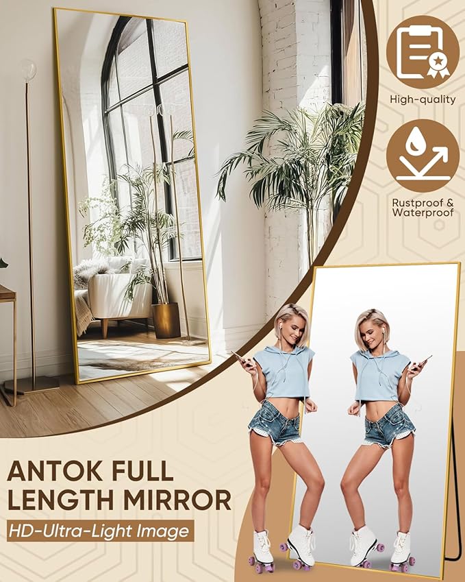 Antok Full Length Mirror, 59"x18" Floor Mirror, Floor Standing Freestanding Full Body Mirror with Stand for Bedroom, Hanging Mounted for Living Room Cloakroom, Gold