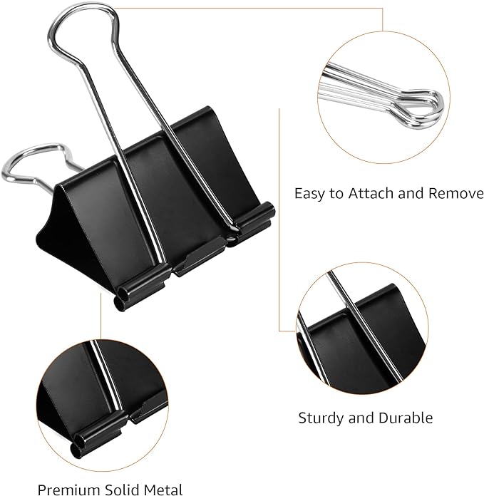 Amazon Basics Sturdy Binder Clips for Office Use, 48 Count (4 Pack of 12), Large, 2 in, Black