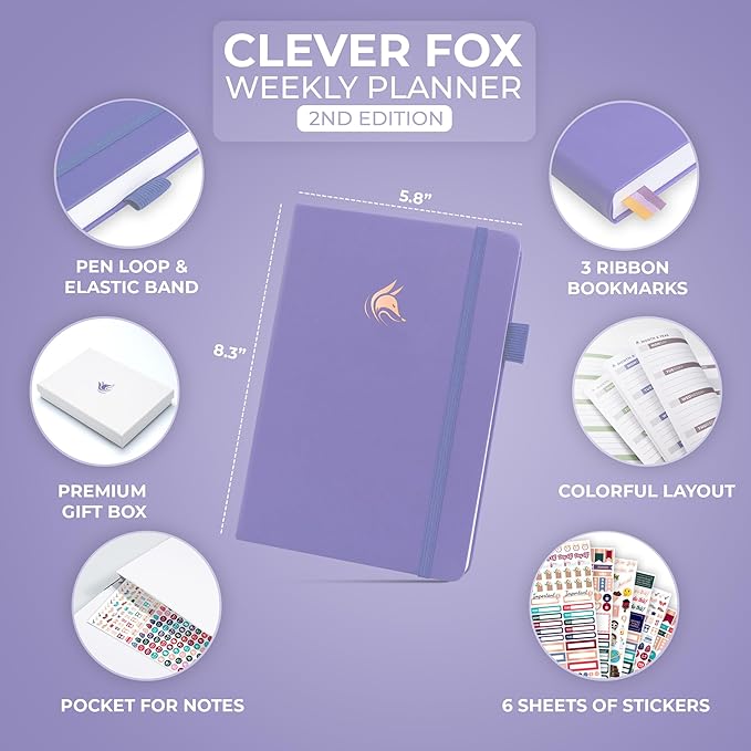 Clever Fox Planner 2nd Edition – Colorful Weekly & Monthly Goal Planner, Time Management & Productivity Organizer, Undated, A5 (Lavender)