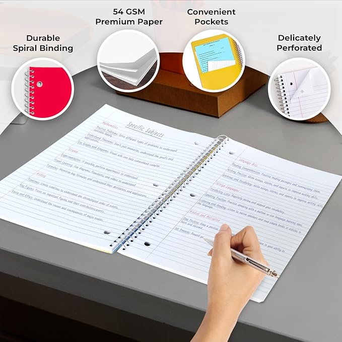 5 Subject Notebook College Ruled, 6 Value Pack, 300 Pages (150 Sheets), 8 x 10-1/2", 5 Subject College Ruled Spiral Notebooks for School & Office, Thick Paper Fights Ink Bleed, 3 Hole Punched
