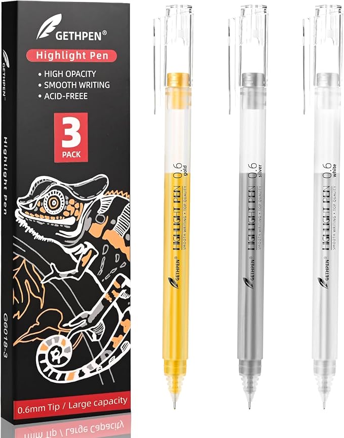 3 Colors 0.6mm Extra Fine Point Gel Pen Set – White, Gold & Silver Gel Ink Pens for Artists Drawing on Black Paper, Sketching, Bullet Journaling & Holiday Crafts