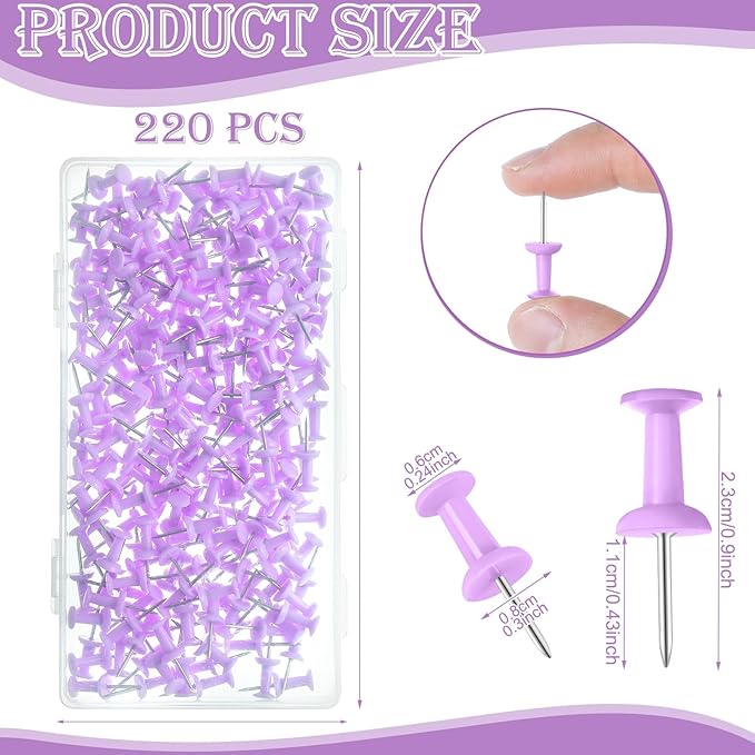 220 Count Purple Push Pins Standard Plastic Head Steel Point Thumb Tacks Decorative Push Pins for Cork Board Wall Hanging Bulletin Board