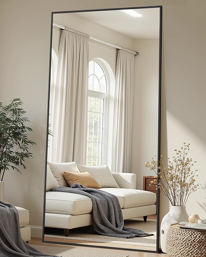 Full-Length Floor Mirror with Stand, 71"x32" Rectangle Style Full Body Standing Mirror for Bedroom, Living Room, Gym, Dorm - Shatter-Resistant & Easy Assembly, Black