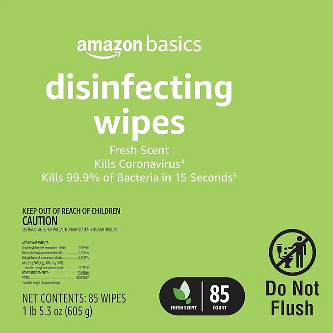 Amazon Basics Disinfecting Wipes, Lemon & Fresh Scent, Sanitizes/Cleans/Disinfects/Deodorizes, 340 Count (12 Packs of 85)