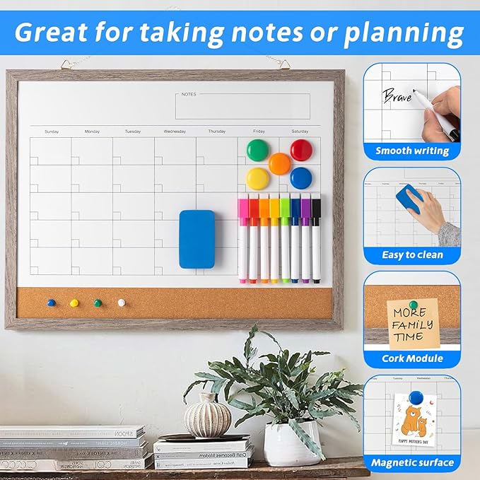 Dry Erase Calendar Whiteboard, 17" x 13" Magnetic Whiteboard Cork Board Combo, Reusable Monthly Planner with 8 Markers, Eraser, Magnets and Push Pins to Hang Dry Erase Board for Home, School - Gray
