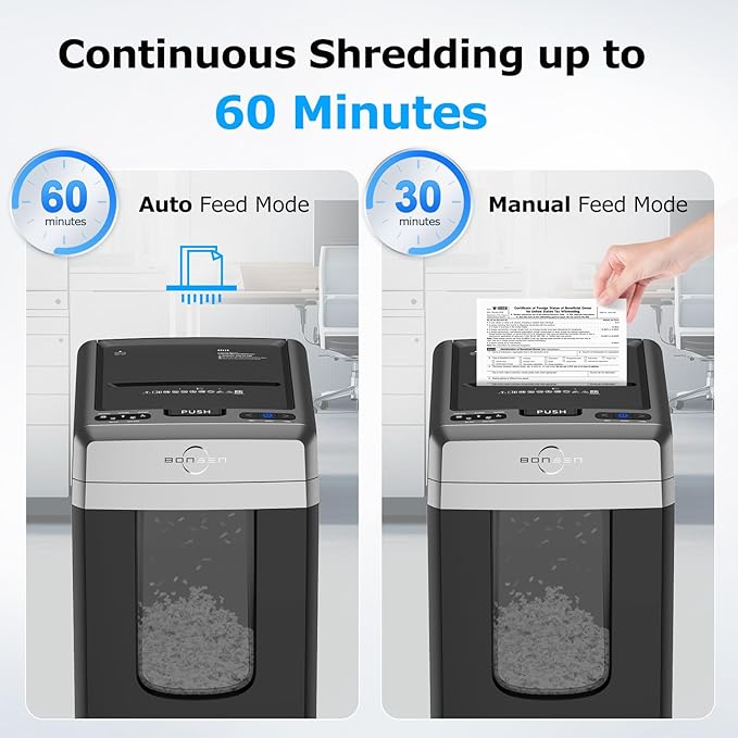 BONSEN 300-Sheet Auto Feed Paper Shredder, 60 Minutes Non-Stop Commercial Grade Heavy Duty Shredders for Office, 8.1 Gallon Micro Cut Document Shredder, P-4 Security Level,58dB Super Quiet (S3113)