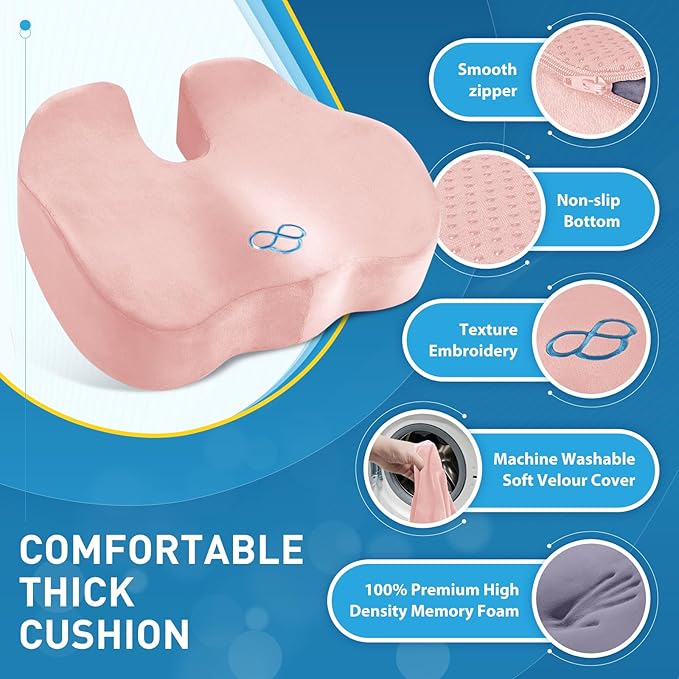 BlissTrends Seat Cushion,Thick Memory Foam Cushions for Office Chair, Car Seat, Airplane, Relieving Pressure Tailbone Sciatica Back Pain for Long Sitting Office Workers, Car Drivers 4.7in Thick Pink