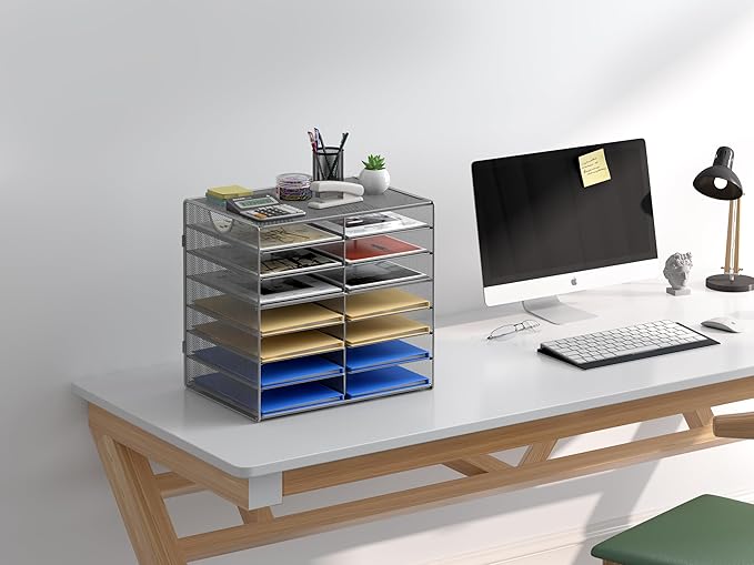 EasyPAG 14-Slot Mesh Desk File Organizer with Handle, Metal Frame Paper Tray for Classroom/Office/Home - Easy Assembly, Durable Tiered Sorter & A4/Letter Size, Silver