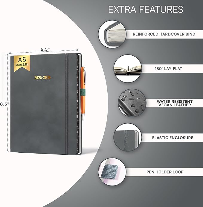 Ensight 2025-2026 HARDCOVER Leather Planner Weekly & Monthly - 6.5x8.5 Inches - Academic Planner Business Personal or Student - Pen Holder, Thick Paper, July 2025 - June 2026 (Grey)