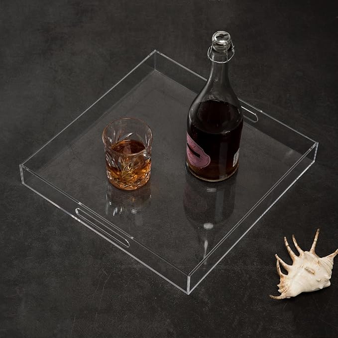 Clear Sturdy Acrylic Serving Tray with Handles - 14x14Inch - Coffee, Appetizer, Breakfast, Butler Tray - Kitchen Countertop & Makeup Drawer Organizer