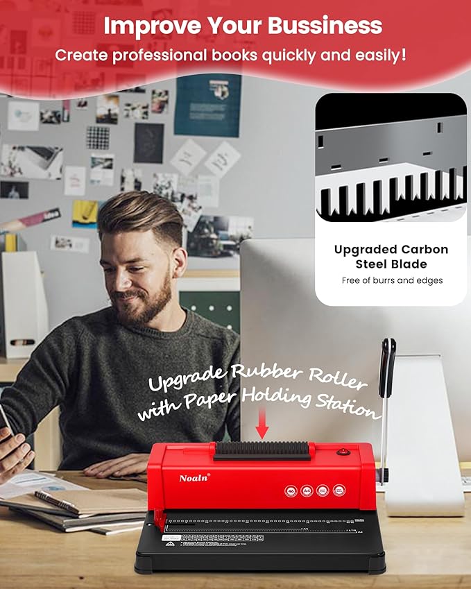 46-Hole Binding Machine Spiral Coil Binder Classic Red,DIY Book Binder Kits with Electric Coil Inserter,100pcs Comb Binding Spines,for Letter Size/A4/A5 School Office Home