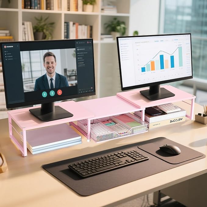 Dual Monitor Stand Riser, Desk Organizer with Drawer, Office Desk Organizers and Accessories, Office Workspace Organization Computer Monitor Stand for Laptop, Printer, TV（Pink）