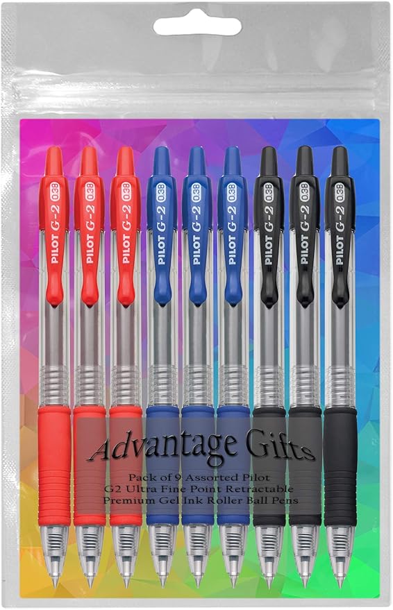 G2 Retractable Premium Gel Ink Roller Ball Pens Ultra Fine Point (.38mm) Black/Blue/Red Ink 9 pack; Refillable & Premium Comfort Grip Bundle with Plastic Reusable Pouch