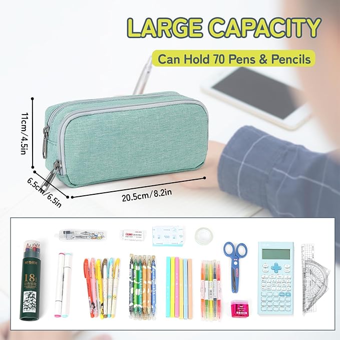 Della Gao Big Capacity Pencil Case, Durable Nylon Pencil Bag Aesthetic Pencil Pouch Travel Simple Stationery Bag Office Organizer Pen Bag for Women and Men - Green