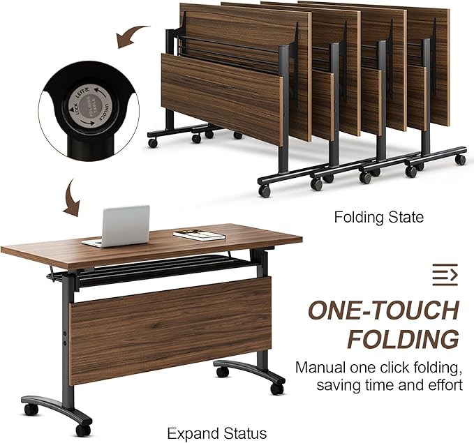 Folding Conference Table, Modern Large Conference Room Tables with Flip-Top Design, Foldable Conference Table Meeting Table with Wheels, Mobile Seminar Training Tables for Office Classroom (2, Walnut)