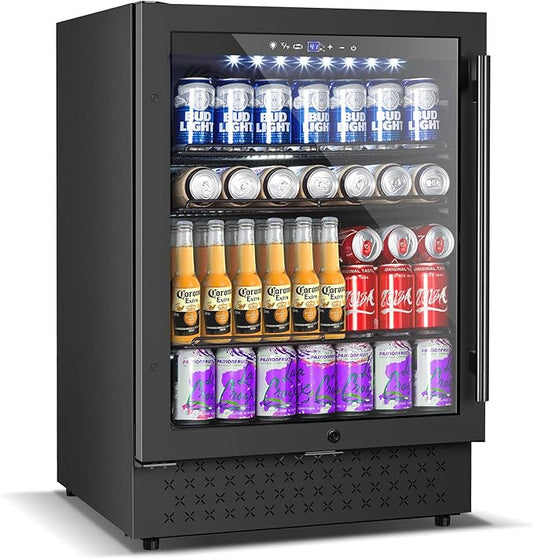 24 Inch Beverage Refrigerator, 5.2 Cu. Ft. Drink Refrigerator with Glass Door, 200 Cans Under Counter & Freestanding Drink Fridge, Reversible Door, Built-In Beverage Cooler for Kitchen, Bar or Office.
