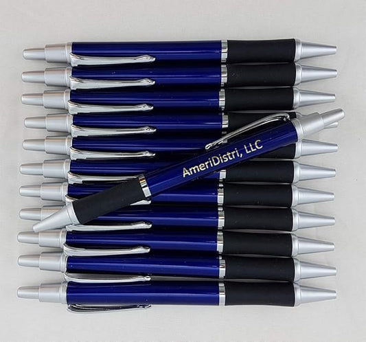 ezpencils - Personalized - Elegant Tip and Click Silver Accents on Blue Solid Color Body and Black Grip - Bullet Ballpoint Pens - 12 pkg - ** FREE PERZONALIZATION **