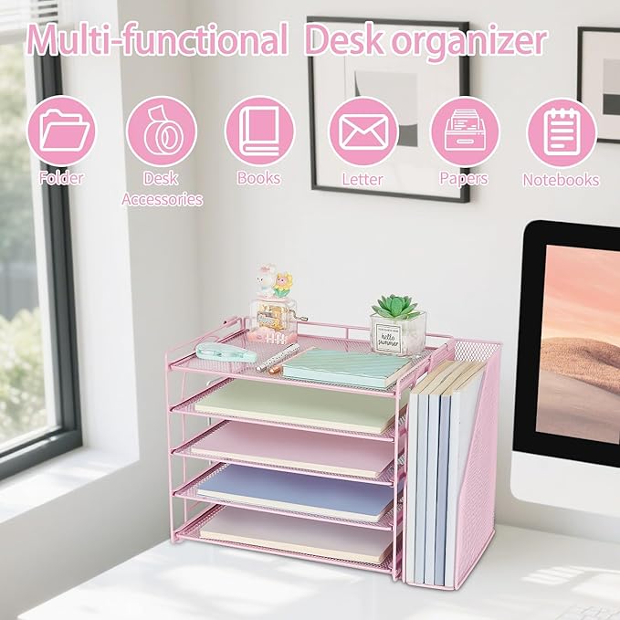 AUPSEN Pink Desk Organizers and Accessories,5-Tier Desktop Paper File Organizer with Adjustable File Holder, Office Desk Accessories for Office Supplies