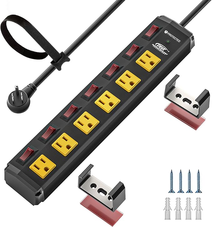 CRST 6 Outlet Metal Heavy Duty Power Strip with Individual Switches, 6FT Wall Mount Garage Power Strip, Surge Protector (1200 Joules), 15amp/1875W, 14AWG SJT Power Cord