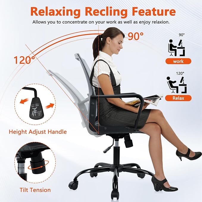 CLATINA Ergonomic Office Desk Chair - Mesh Office Chair with Adjustable Lumbar Support, Rolling Comfortable Computer Task Chairs with Arms for Home Conference-Gray