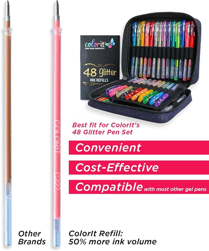 ColorIt 48 Gel Pen Ink Refills for Glitter, Metallic, and Neon - Color Coded for Easy Replacement (Glitter) - Pen Refills