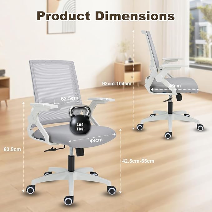 Ergonomic Office Chair Desk Chair with Adjustable Height Mesh Computer Chair Swivel Chair with Flip-up Arms and Lumbar Support Grey