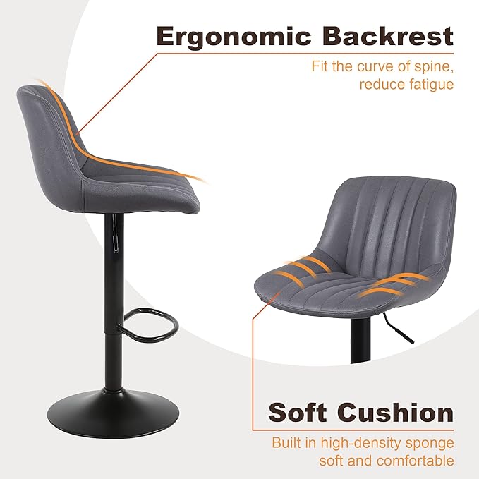 Bar Stools Set of 1, Swivel Counter Height Barstools with Back, Adjustable PU Leather Bar Chairs, Modern Armless Kitchen Island Stool, Dark Grey