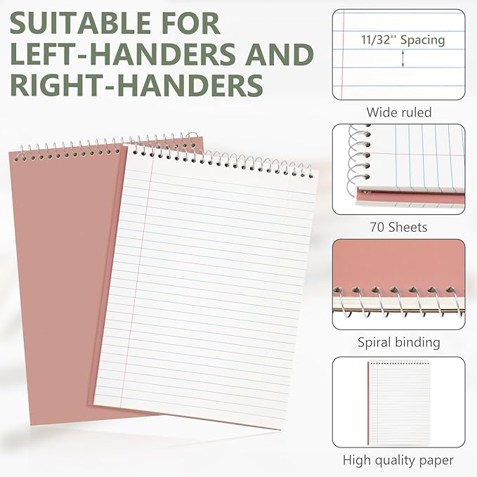 6 Pack 8.5 x 11'' Top Bound Office Steno Book Wide Ruled Double Sided Spiral Notebooks Reliable White Paper 70 Sheets/Pad Pastel Colors Covers for Writing School Notes(Classic Color)