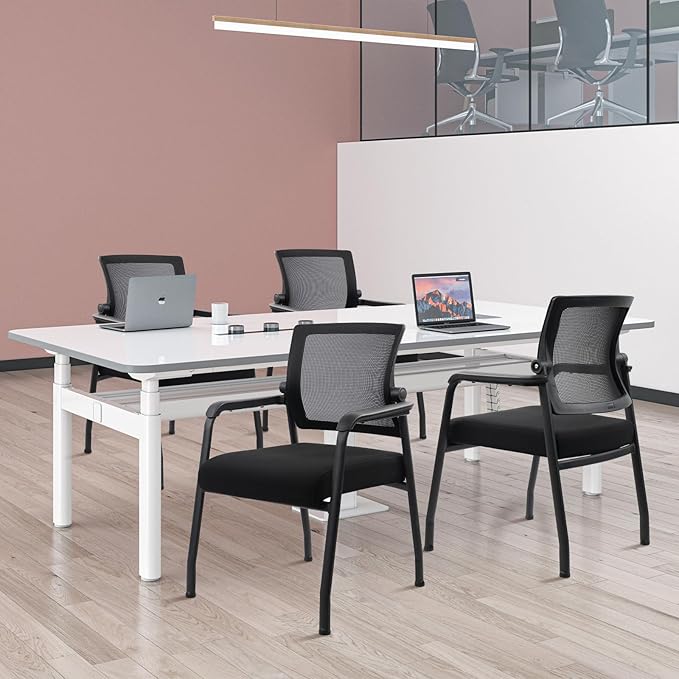 Desk Chair No Wheels with Adjustable Mesh Backrest, Arm Chair with Ergonomic Lumbar Support and Thickened Seats Cushion, Waiting Room Chairs for Office School Church Guest Reception, 4PACK