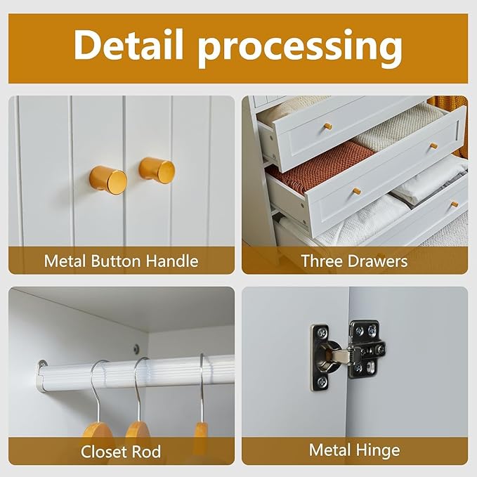 71" Wardrobe Closet Armoire, Wardrobe Armoire Wooden with 2 Doors, 3 Drawers Household Freestanding Wooden Closet Storage Cabinet for Bedroom (White)