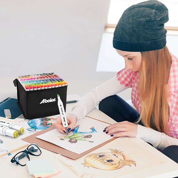 ABEIER Alcohol Markers, 60 Colors Dual Tip (Fine & Chisel) Art, Coloring Markers for Adults Kid, Ideal for Book Drawing Sketching Painting, Card Making, Includes 1 Colorless Blender