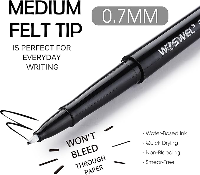 Black Felt Tip Pens, 32 Black Pens, 0.7mm Medium Point Felt Pens, Felt Tip Markers Pens for Journaling, Note Taking, Planner, Writing,Drawing.Perfect for Art Office and School Supplies