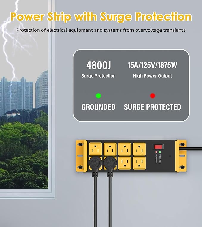 HHSOET 2 Pack Heavy Duty Power Strip 8 Outlets, Metal Wall Mount Outlet Strip 4800J Surge Protector, Garage Shop Under Desk Mountable 10FT Extension Cord Plug.