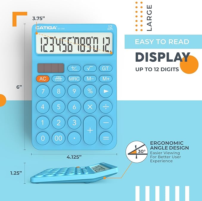 CATIGA Desk Calculator with 4 Functions, Cute Basic Calculator for Kids with Round Big Button, Large Display for School and Office, Dual Power, SD-1292 Blue