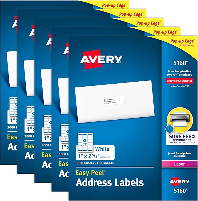 Avery Easy Peel Printable Address Labels with Sure Feed, 1" x 2-5/8" Customizable Stickers, White, 15,000, Great for Mailing, Shipping, and More (5-Pack of 5160)