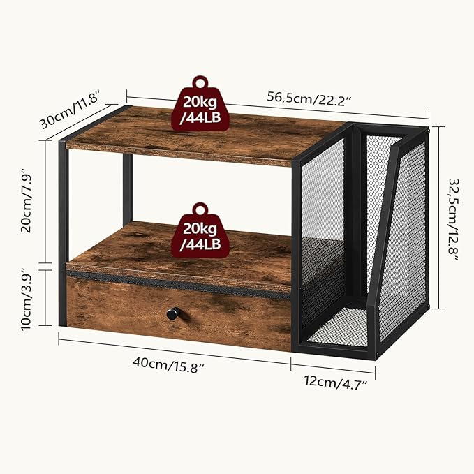 Home Printer Stand for Desk, Desktop Printer Table with Storage Drawer and Side Book Stand, 2-Tier Printer Shelf, Desk Organizer for Home Office, Rustic Brown and Black PTHR3001