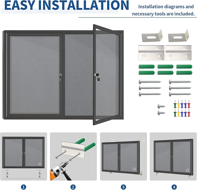 Enclosed Bulletin Board Lockable,Double-Door Weatherproof Outdoor Noticeboard with Locking Door, Wall-Mounted Aluminum Framed Presentation Board, 44x32 Inch (8xA4)