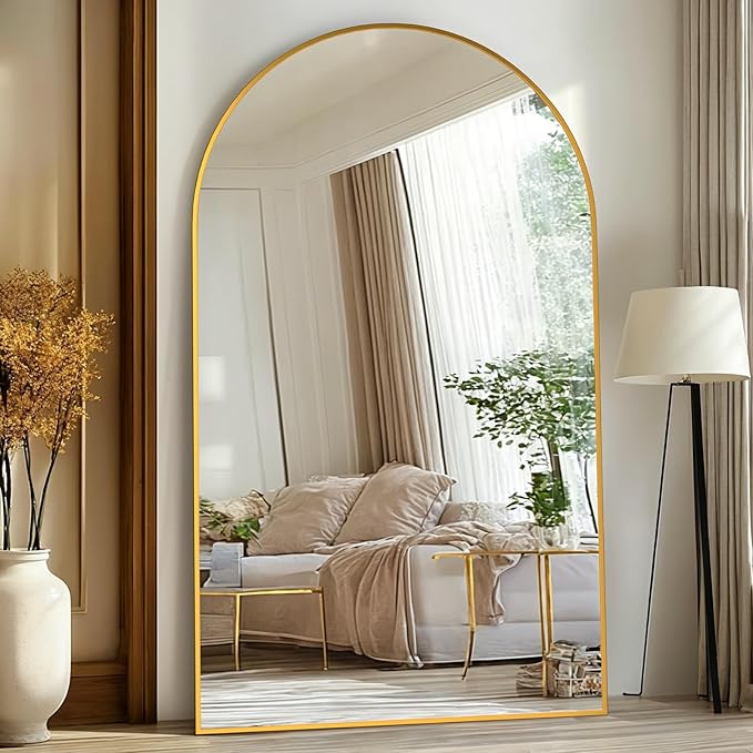Full Length Mirror, 91"x46" Oversized Floor Mirror Freestanding, Full Body Mirror Floor Standing Mirrors with Stand, Hanging Mounted Mirrors for Bedroom Living Room, Gold, Arched Style