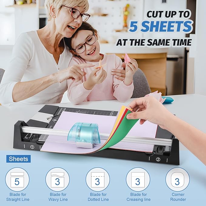 12 Inch Rotary Paper Cutter Heavy Duty, Paper Trimmer with 4 Different Blades for Straight/Wave/Dotted/Creasing Line, Suitable for Cutting Paper Coupons Photos Postcards Scrapbook