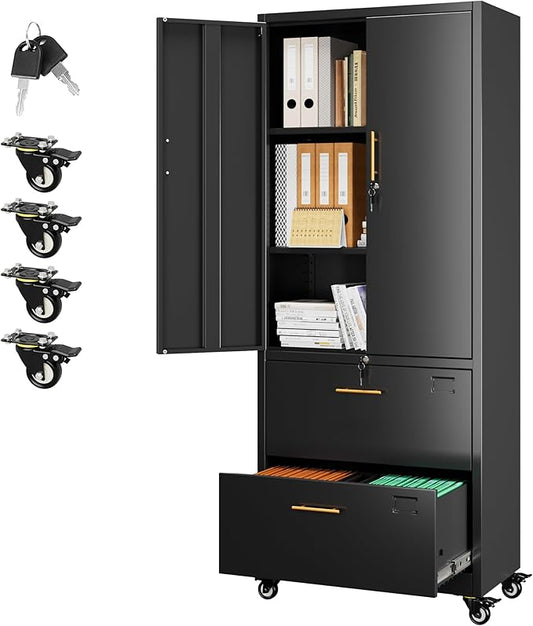 Aobabo Metal 2 Drawers Lateral File Storage Cabinet and Unit Adjustable Shelf Organizer, 2 Door Storage Office Steel Files Cabinet with Wheels, Legal/Letter A4 Size, Assembly Required, Black